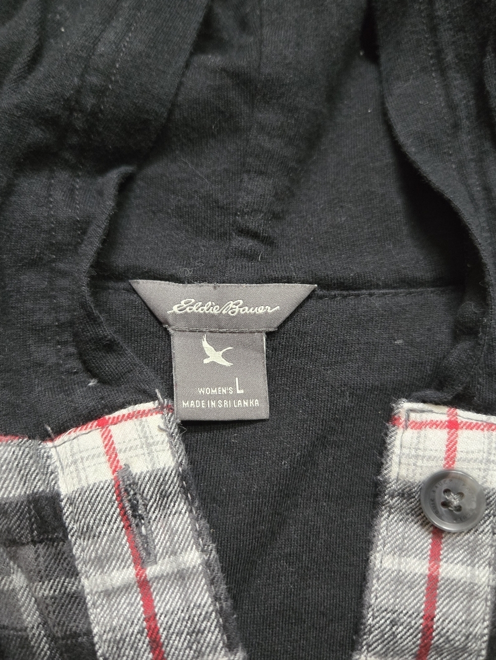 Eddie Bauer Black Hooded Plaid Shirt Jacket with Red Trim - Picture 6 of 9